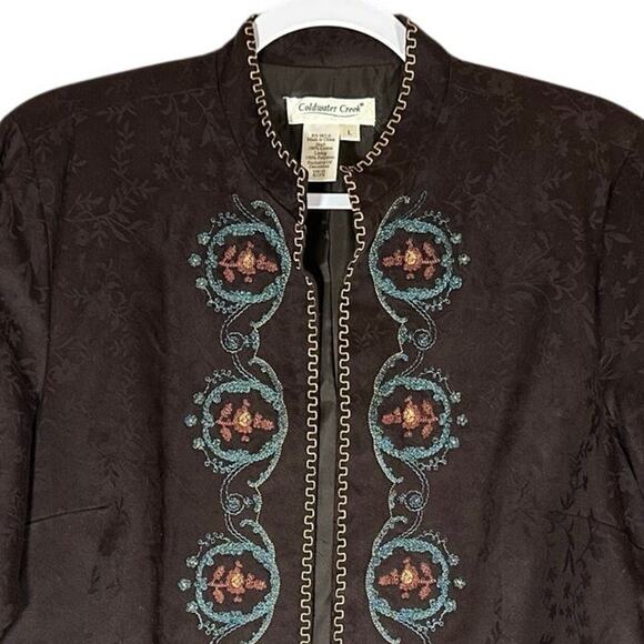 Coldwater Creek Sz L Brown Embroidered Jacquard Open Front Venice Jacket Boho - Picture 7 of 9